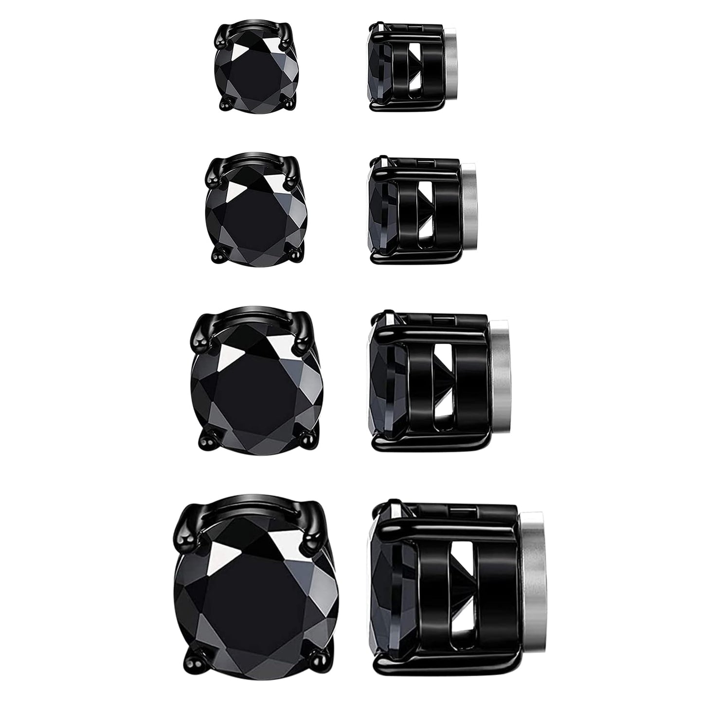 Magnetic Non-piercing Clip On Earrings: Stainless Steel 5-8mm Black CZ Inlay Round Fake Cheater Studs for Men Women, 4 Pairs