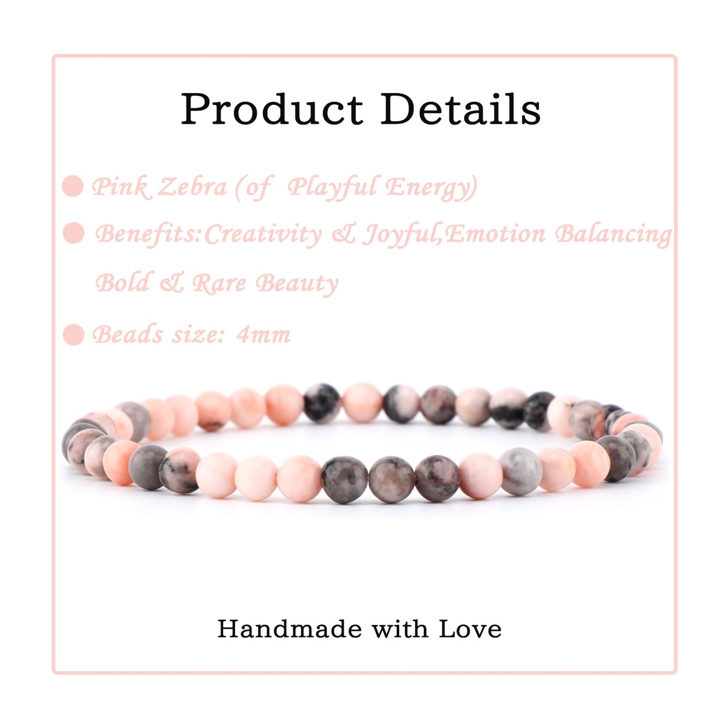 Bymitel 4mm Pink Zebra - Handmade Reiki Gemstone Stretch Bracelet, Natural Beauty & Spiritual Essence, Crystal Healing for Unisex Adults