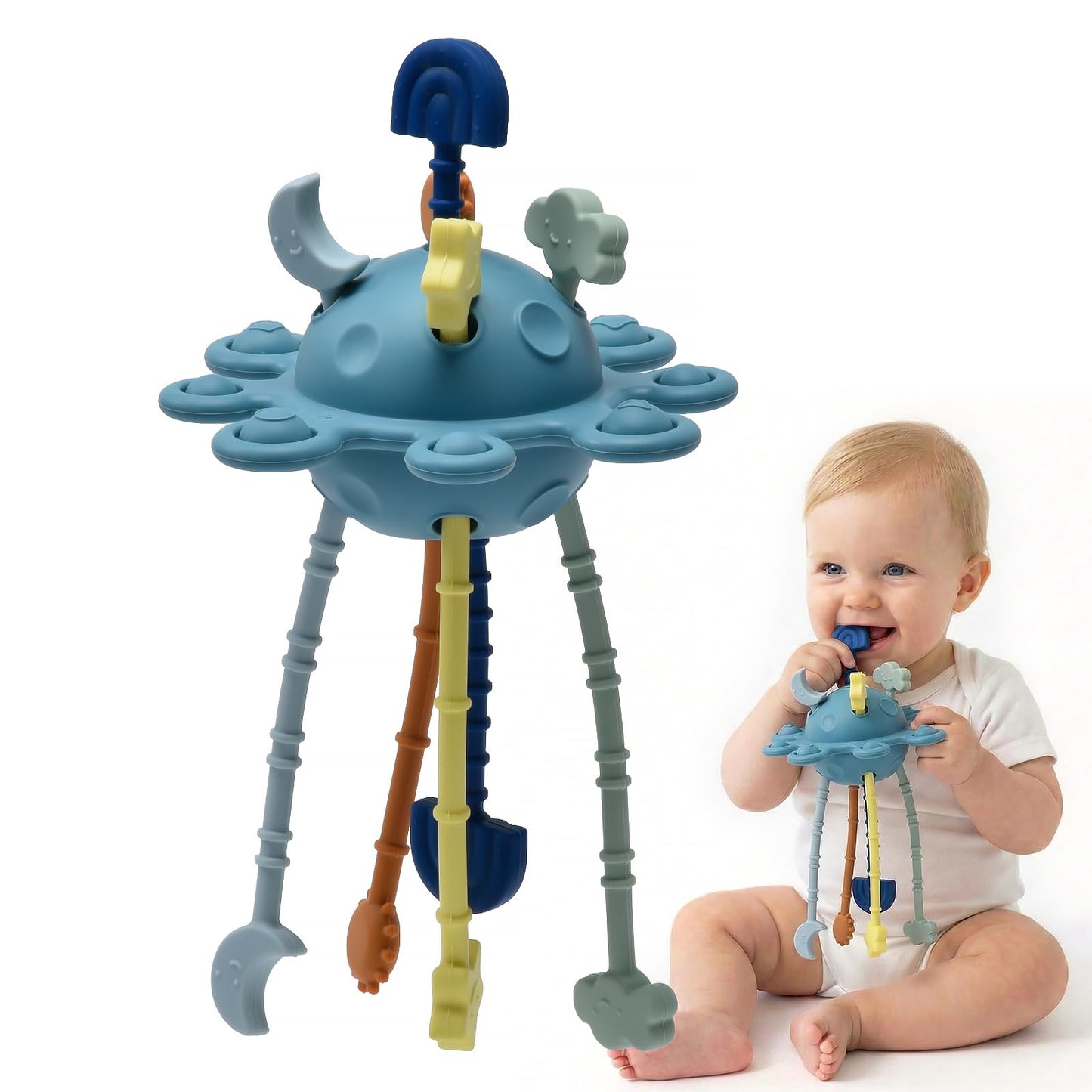 Silicone Baby Sensory Pull String Toy for 18+ Months, Montessori Toys for Toddlers, Sensory Activity Travel Toy for Airplane Car Seat Stroller, Fine Motor Skills Early Learning Gift (Blue)