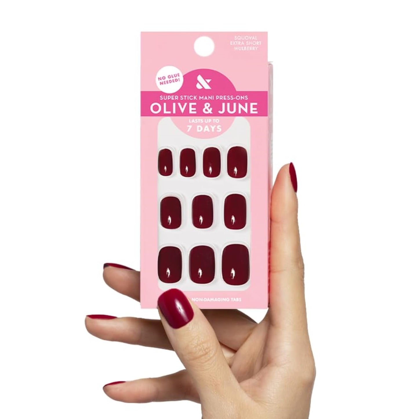 Olive & June Classic Super Stick Mani Press On Nails | No Glue Needed | 32 Tab Nails 16 Sizes | Non-Toxic Tabs Easy On-Off Non-Damaging Realist Look 7-Day Wear | Extra Short, Squoval | Mulberry Maroon