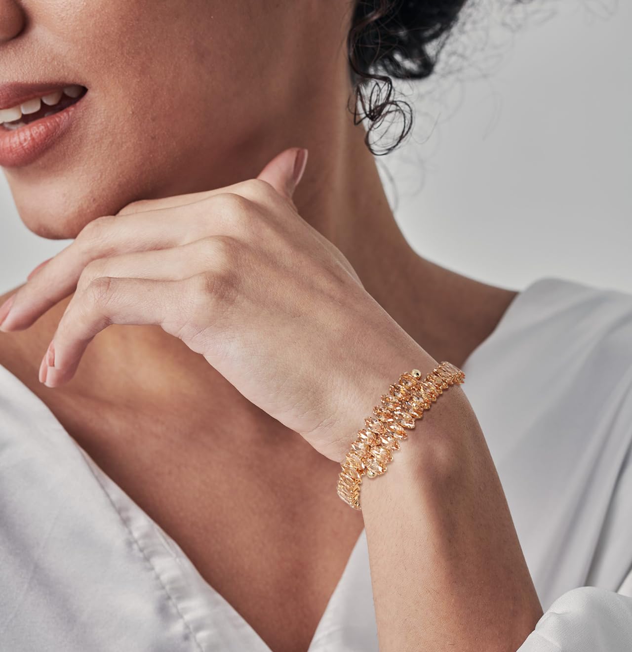 Wovanoo Rhinestone Cuff Bracelet Cubic Zirconia Tennis Bracelets Open Adjustable Bangle for Women Gold Champagne
