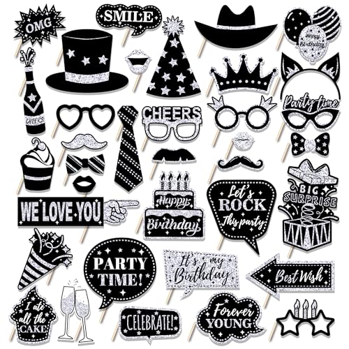 36Pcs Silver Birthday Photo Booth Props, Glitter Silver Party Decorations, Letter Print Card Material