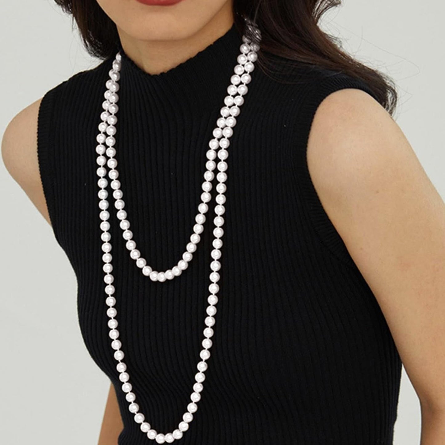 Zeffy Long Pearl Necklaces for Women Layered Faux White Pearl Beads Strand Layered Necklace Bridal Wedding Party 1920s Gatsby Costume Jewelry