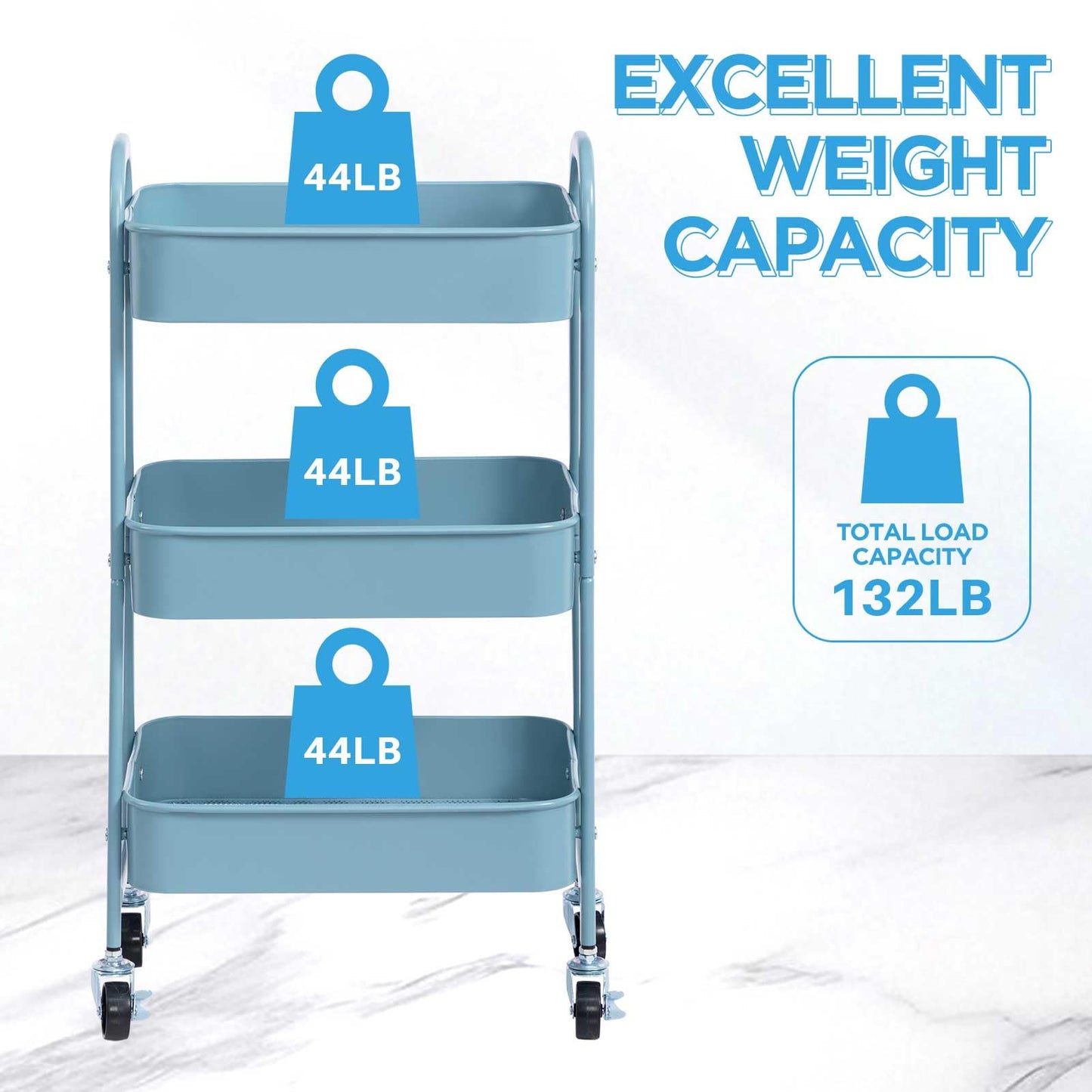 AGTEK 3 Tier Utility Rolling Cart with Lockable Wheels, Metal Multifunctional Storage, Organizer Cart for Kitchen, Office, Living Room, Makeup, Craft, Art Studio, Light Blue