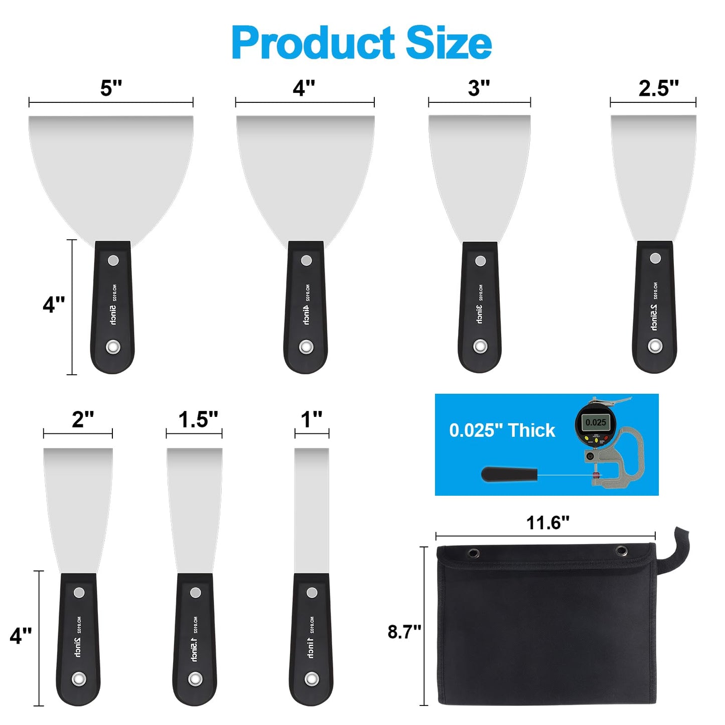 weiwei 7 PCS Metal Putty Knife Set Multi-sized Spackle Knife with Storage Bag Rustproof Putty Scraper Knives Drywall Tools for Wall Repair Wall Paint Spreading Drywall Spackle and Mud for Craftsman
