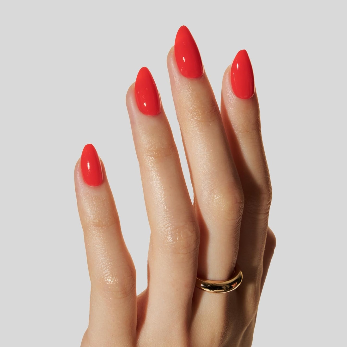 LAMIMOSA 32Pcs Press On Nails Short Almond – Solid Bright Red Fake Nails in 16 Sizes, Soft Gel Glue on Nails, Spring Summer False Nails with Glue, Orange Red Stick On Nails, CHILLI