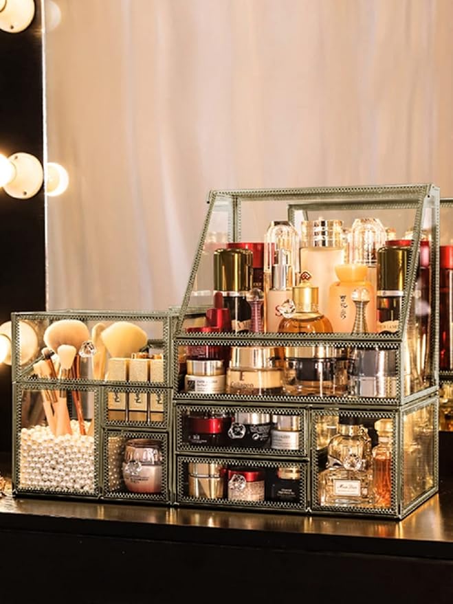 Hersoo Glass Antique Brass Stackable Drawer Set Makeup Organizer for Vanity Antique Countertop Vanity Cosmetic Storage Box Mirror Glass Beauty Display