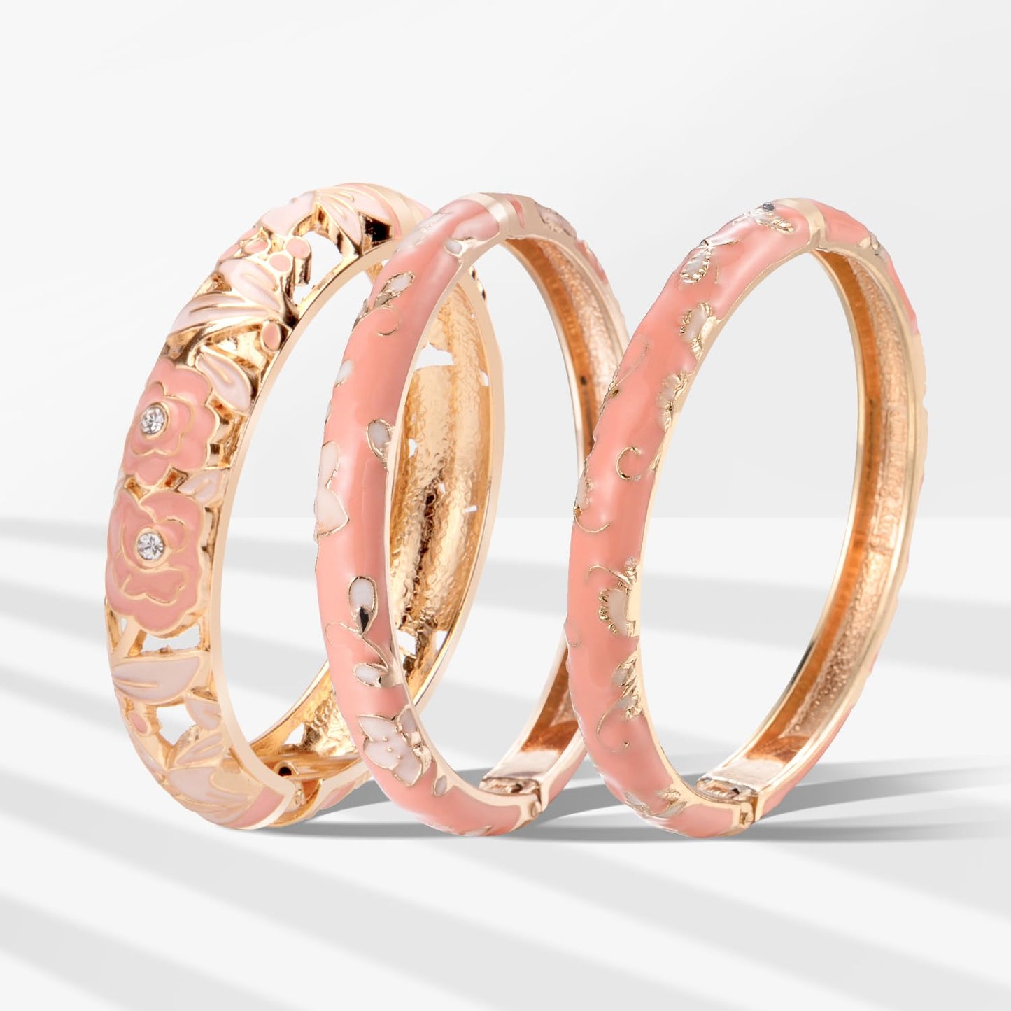 UJOY Vintage Jewelry Cloisonne Handcrafted Enameled Gorgeous Rhinestone Rose Hinged Cuff Bracelet Bangles Gifts 88A10-3PCS Pink