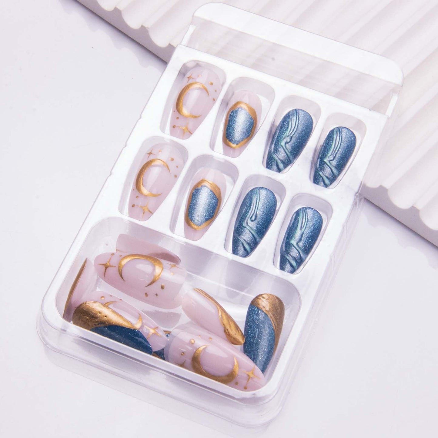 Almond Press on Nails Blue Cat Eye Fake Nails Gold Moon Star False Nails Glossy Shiny Acrylic Nails French Tip Nails Press ons Medium Glue on Nails for Women Nail Deco 24Pcs