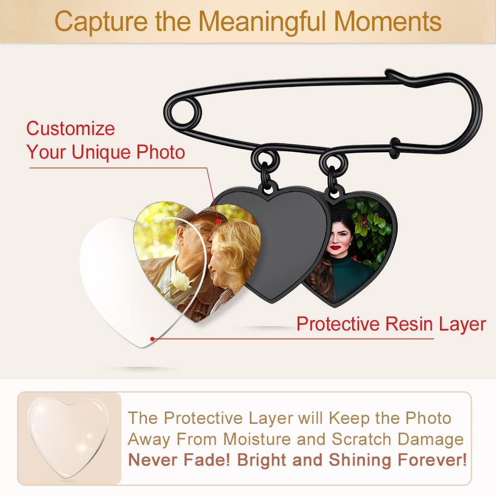 Custom4U Bridal Bouquet Photo Charms Customized Memory Heart Charm for Wedding Funeral Boutonniere Pictures Brooch Pins