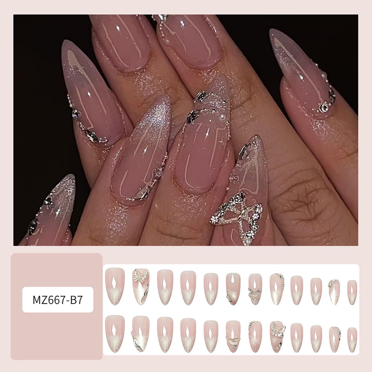 24Pcs Silver Rhinestones Press on Nails Medium Almond Fake Nails Butterfly Gems Glitter Full Cover Acrylic French Tip Glue on Nails Gradient Pink False Nails Stick on Nails for Women Nail Decorations