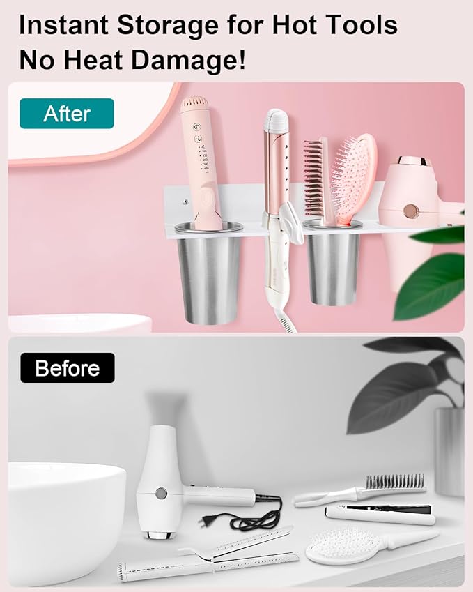 Hair Tool Organizer, Hair Dryer Holder with Heatproof Steel Cups, Acrylic Vanity Organizer for Curling Iron, Flat Iron & Hair Brushes, Perfect for Bathroom (White, Oversized)