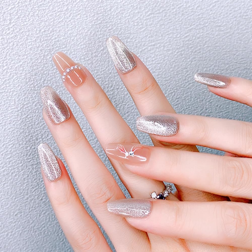 WAFOLOZE Press On Nails Medium Coffin Fake Nails With Glue, Ice Crystal Stone Cat's Eye Nail Press Ons With Small Pearl Painted Design，Artificial False Nails Stick On Nails for Women-30Pcs