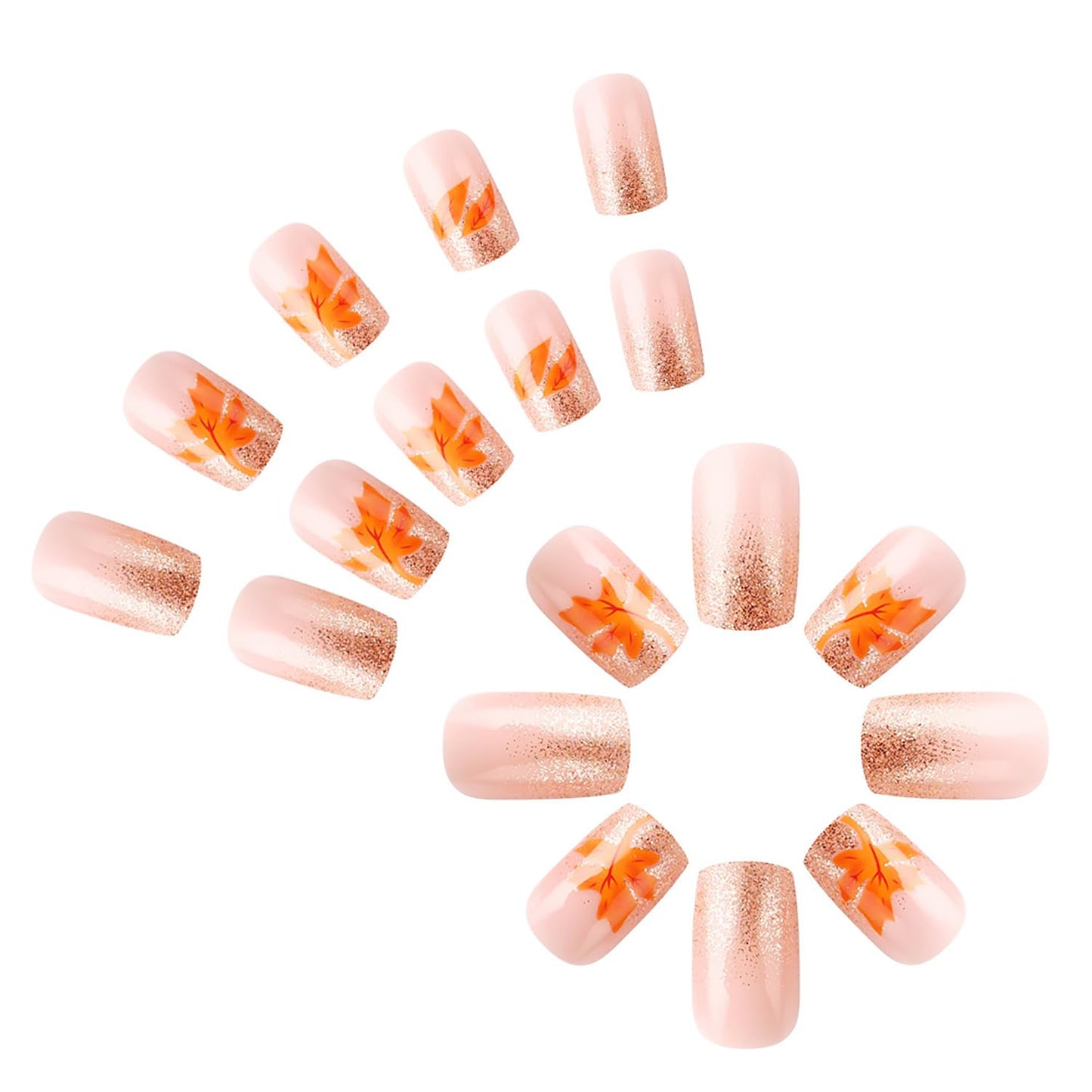 Thanksgiving Press On Short Nails Acrylic Glossy Full Cover Fall False Nails with Maple Leaf Designs Artificial Autumn Leaves Glue Ons Fake Nails for Women Girls (YS253)