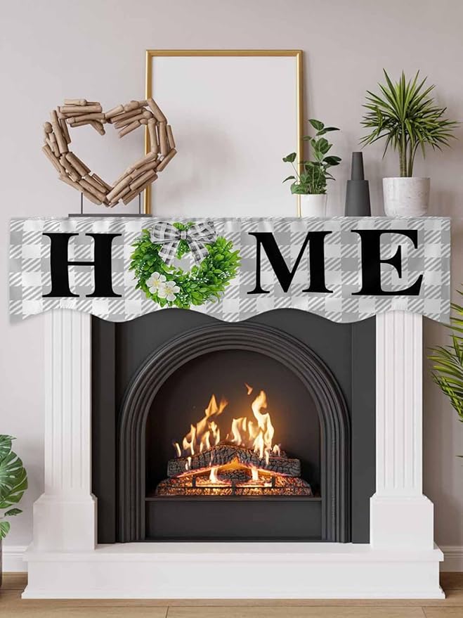Rustic Home Fireplace Mantel Scarf Table Runner,Green Eucalyptus Leaves Wreath Wooden Plaid Winter Garland Mantel Top Tablerunners Dresser Scarves Cover for Windows Party Living Room 60"x17"