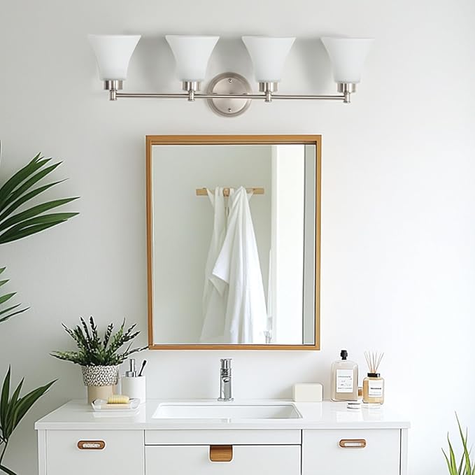 LOUSACE 4 Light Bathroom Vanity Light Brushed Nickel Bathroom Lighting Fixtures Over Mirror with Opal White Frosted Glass, Vintage Traditional Wall Lighting Fixture Satin Nickel Vanity Lights