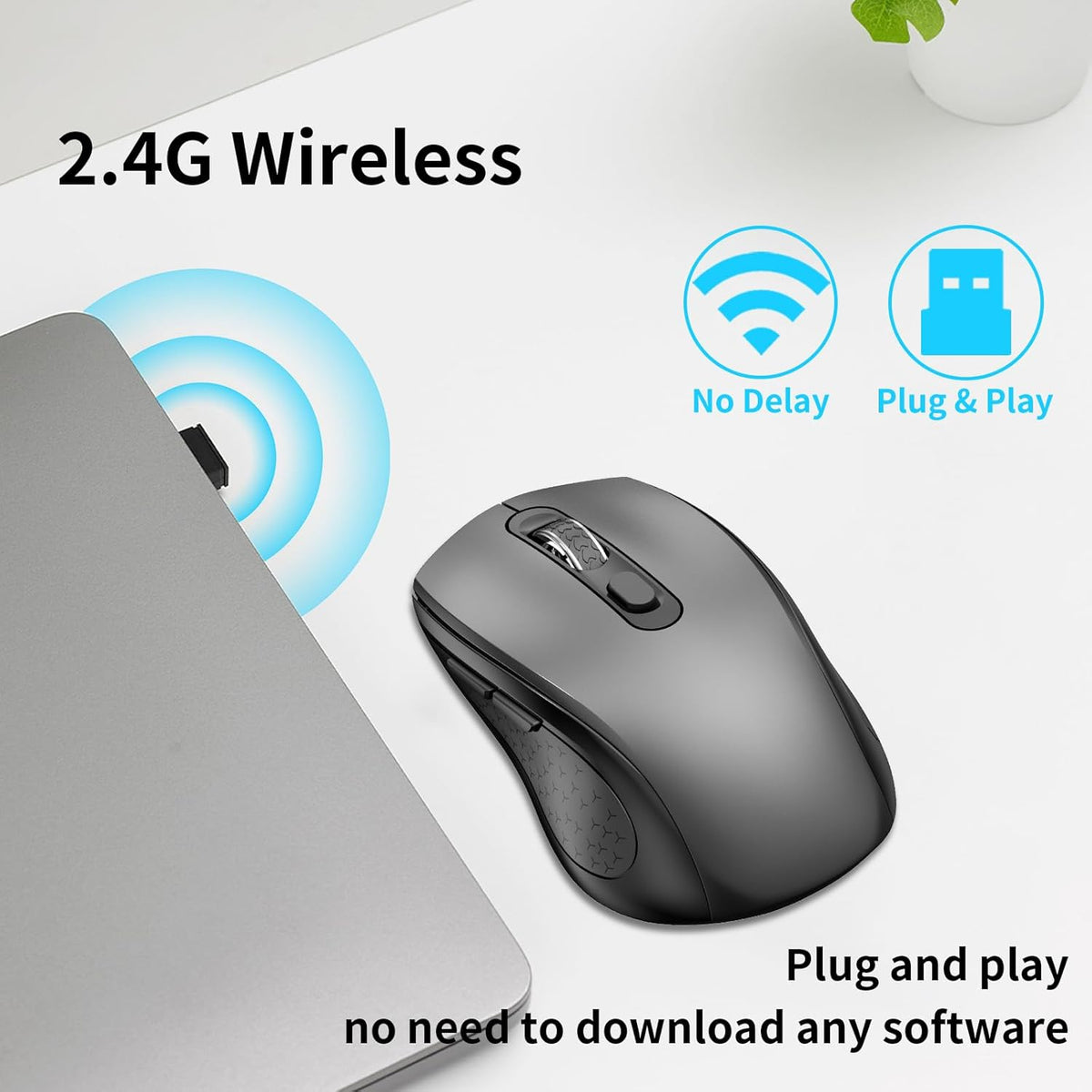 Wireless Mouse Ergonomic, Side Buttons Mouse, 2400 DPI, Silent and Anti Slip Roller Cordless Mice, 2.4Ghz with USB Receiver, 6 Buttons, Suitable for Laptop PC Chromebook and Windows 11/10/7 - Grey