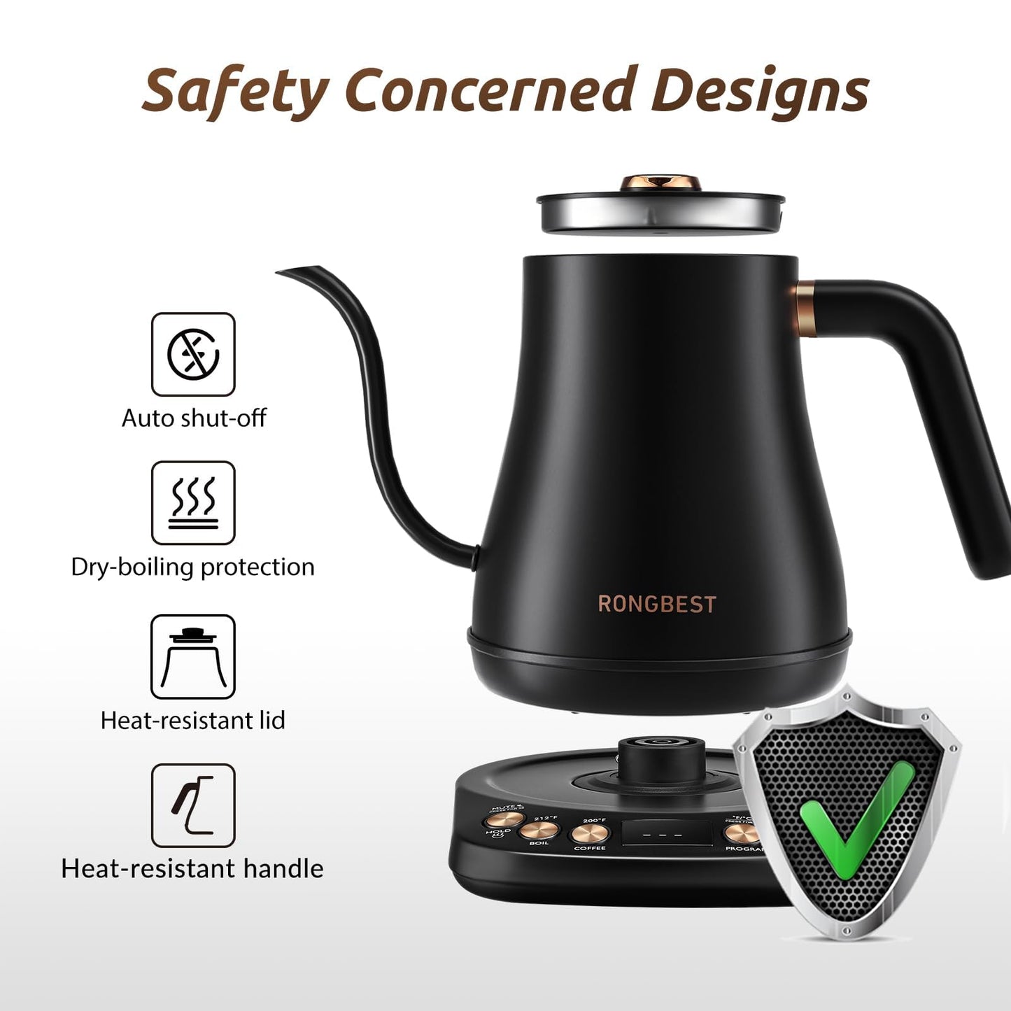 RONGBEST Electric Gooseneck Kettle 1L, 6 Temperature Control Presets, 1200W Quick Heating Water Pour Over Coffee & Tea Pot with Auto Shut-off & Keep-warm, Stainless Steel Inner & Lid, Matte Black