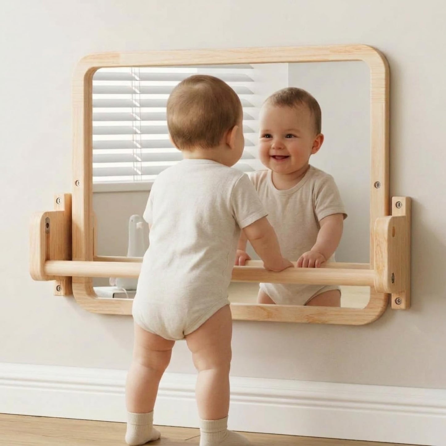 Woodtoe Montessori Mirror with Bar, Adjustable Baby Pull to Stand Toys, Natural Unpainted Solid Wood Frame & Baby Pull Up Bar, Infant Coordination Toddler Mirror, Developmental Toys for 6-18 Months