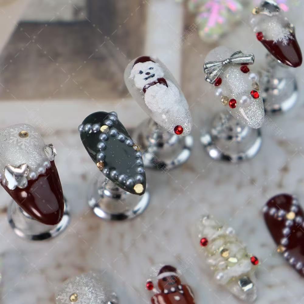 100% Handmade Press on Nails Christmas Press on Nails Medium Almond Shape Dark Red French Tips Snowman Design Rhinestones Christmas Tree Gingerbread Man Wintner Xmas Nails for Women Size L