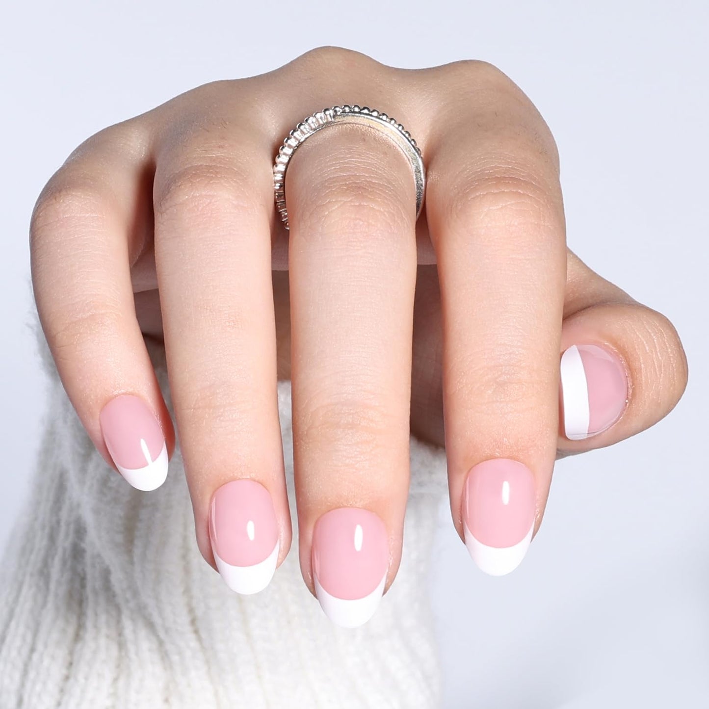 French Tip Press On Nails Short Almond - Soft Pink Base French Fake Nails with White Tips, Natural Oval Press On Nails Kit, Reusable Glue On Nails, 32pcs in 16 Sizes Nails Press ons, Blush French