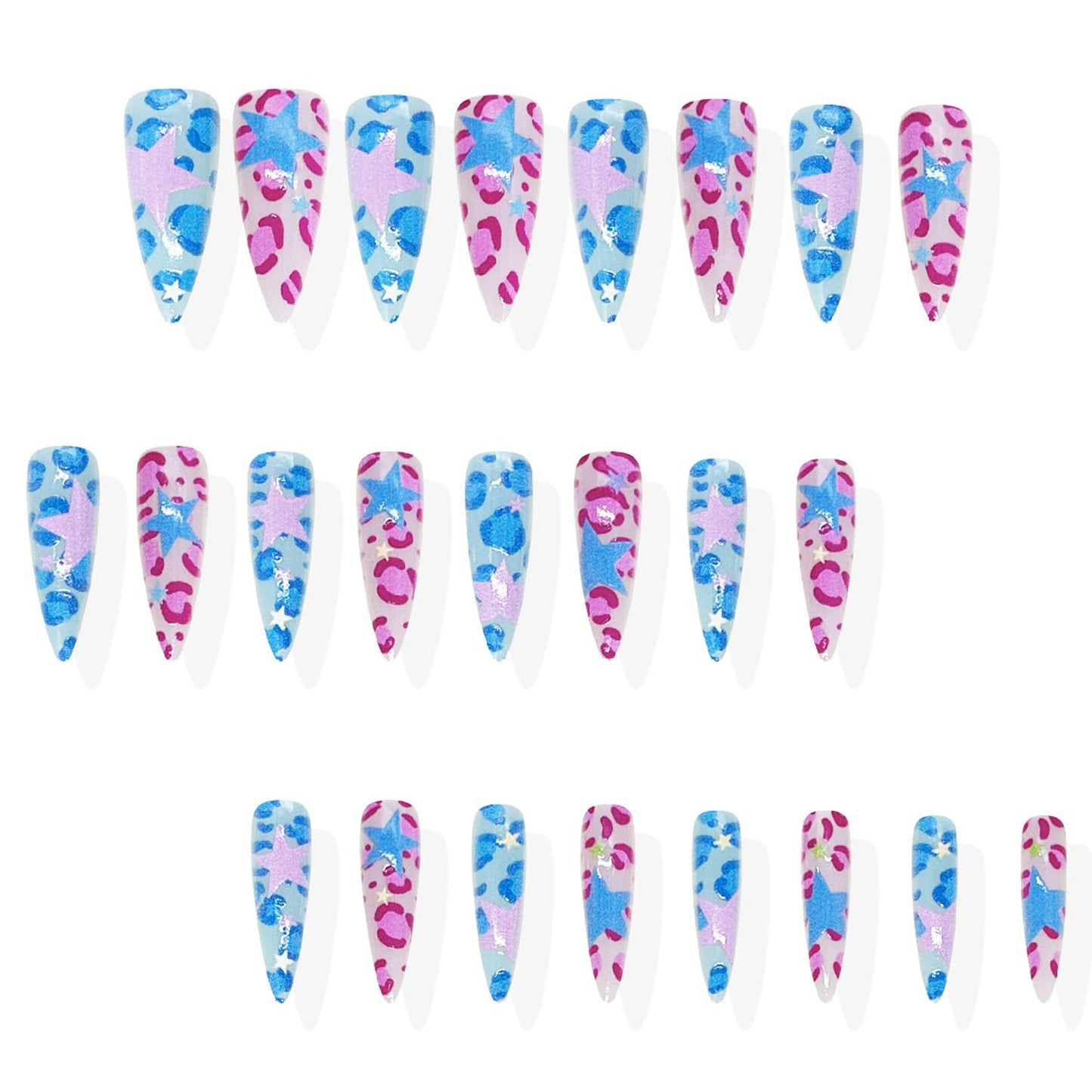 Long Stiletto Press On Nails Y2k Fake Nails Star With Leopard Print Design Pink Blue False Nails Full Cover Reusable Artificial Glossy Acrylic Nail Cute Stick On Nail For Women Manicure Art 24pcs