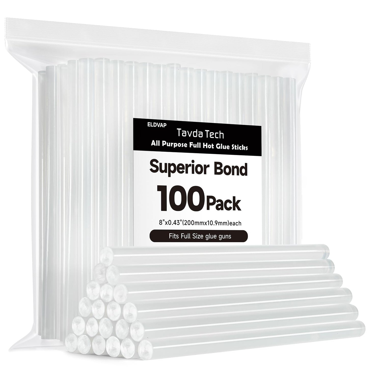 ELDVAP Clear Full Size Hot Glue Sticks 100 Pack, 0.43" x 8", All Temperature for Most Full-Size Glue Guns, Strong Adhesive for DIY Crafts, Repairs & Holiday Decorations