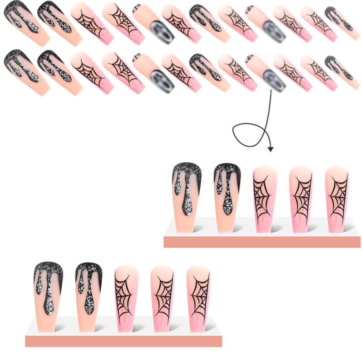 Halloween Press on Nails Long Square Fake Nails with Design Spider Web Glue on Nails Ghost Drop Stick on Nail Full Cover Coffin Acrylic Nail Press ons for Women Manicure 24 Pcs