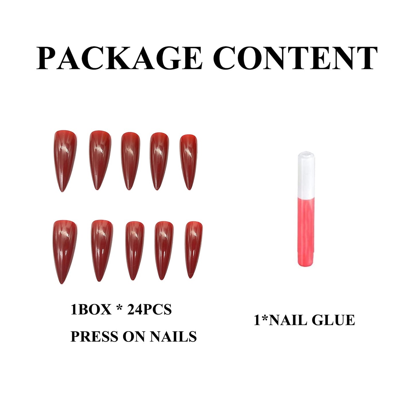 MERVF Stiletto Press on Nails Long - Red Fake Almond Glue ons Deep Solid Color Acrylic Artificial Gothic Art False Manicure Supplies 24pcs Glossy