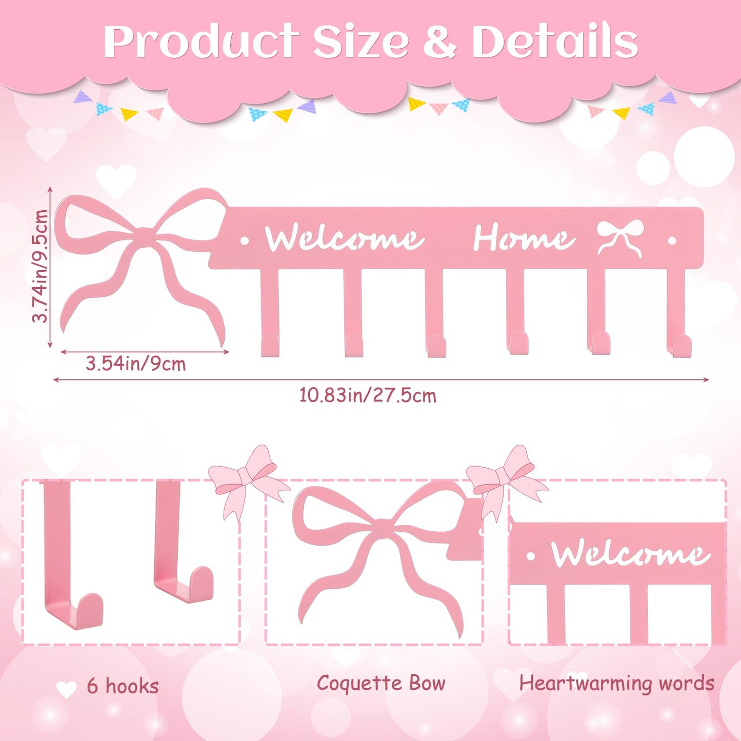 Novabright Pink Bow Welcome Home Key Hook for Wall Pink Bathroom Decor Cute Bow Towel Hooks Coquette Welcome Home Sign Key Holder Wall Mounted Racks 6 Coat Hanger for Bedroom Kitchen Entryway