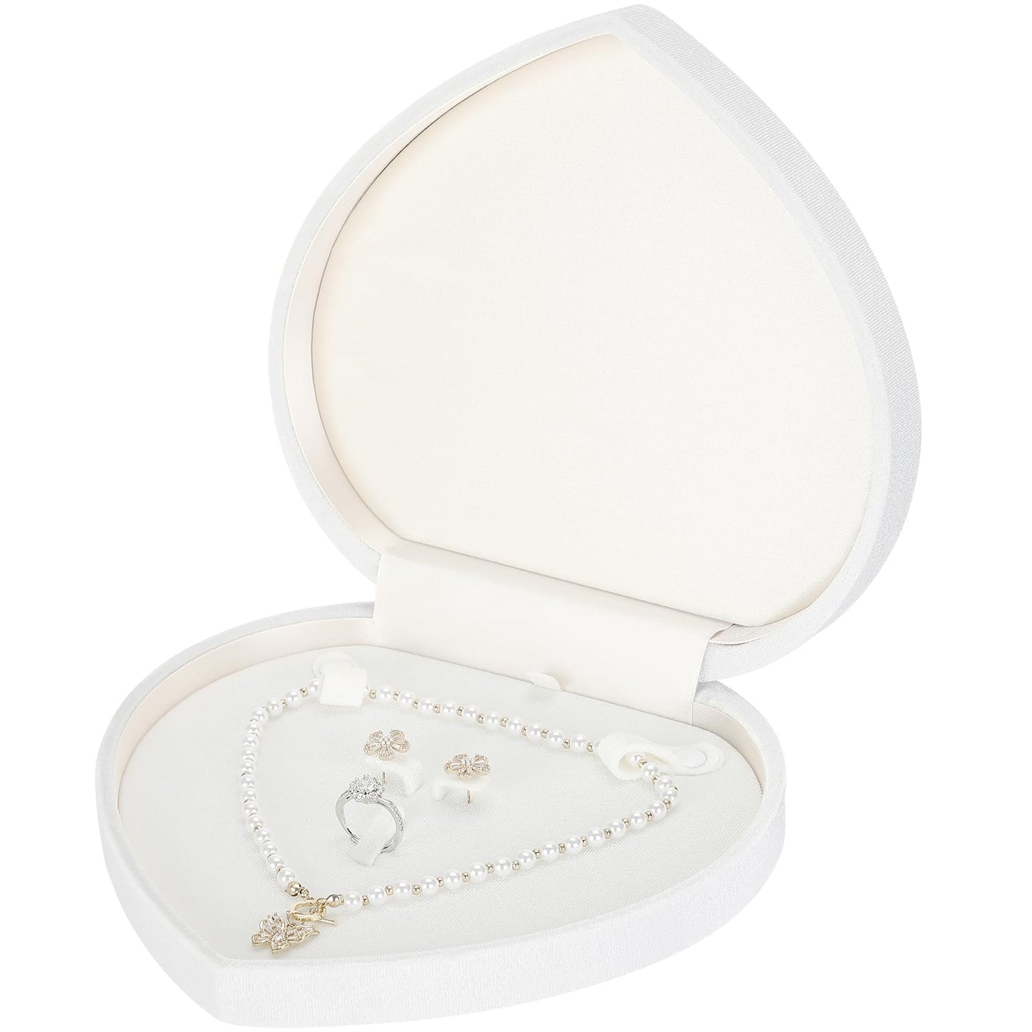 LETURE Large Jewelry Set Gift Box, Heart-Shaped Velvet Necklace Ring Earring Pearl Storage Organizer Holder Box (WHITE)