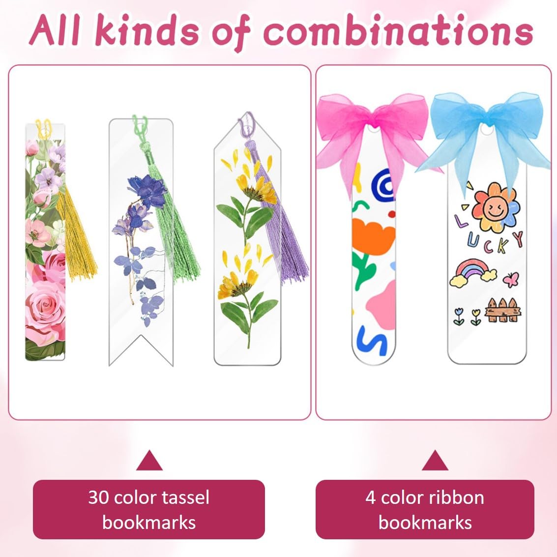 Pletpet DIY Bookmark Set - 50+75PCS Acrylic Bookmarks, 5 Shapes, Transparent, With 30P Tassels, 4 Rolls Ribbon, 40P Flower Stickers, Storage Box