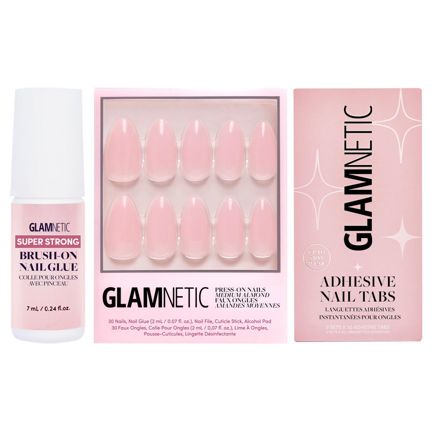 Glamnetic Press-On Nails - Cloud 9 | Super Strong Brush On Nail Glue & Nail Adhesive Tabs | Medium Pointed Almond Pink Fake Nails with a Jelly UV Finish | 15 Sizes - 30 Nail Kit with Glue & Nail Tabs