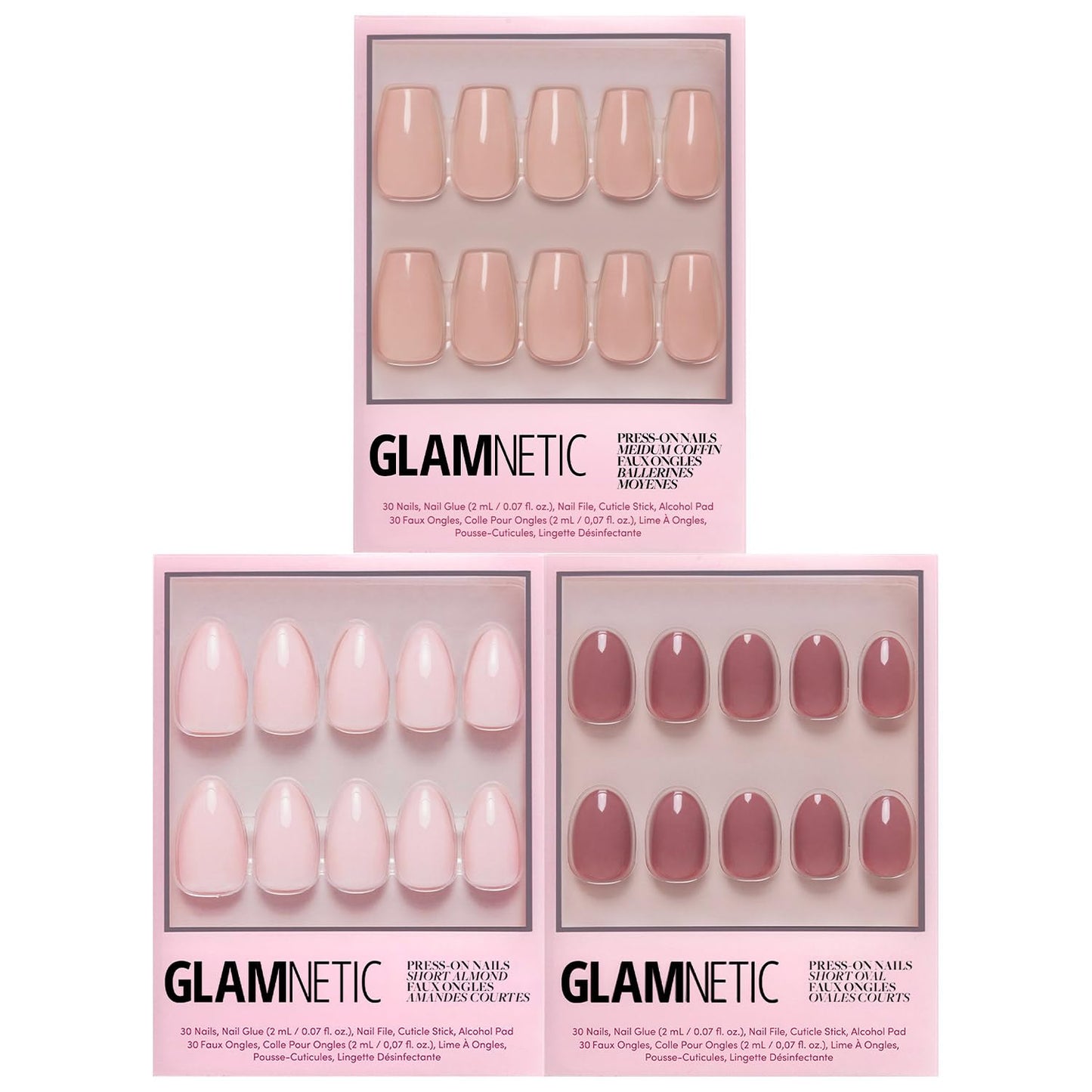 Glamnetic Press-On Nails Bundle - Exposed, Ballet Pink & Fall Mauve | Medium Coffin Fake Nails, Nude Opaque Neutral | Opaque Light Blush Pink Short Almond False Nails | Muted Blush Mauve Short Oval Fa