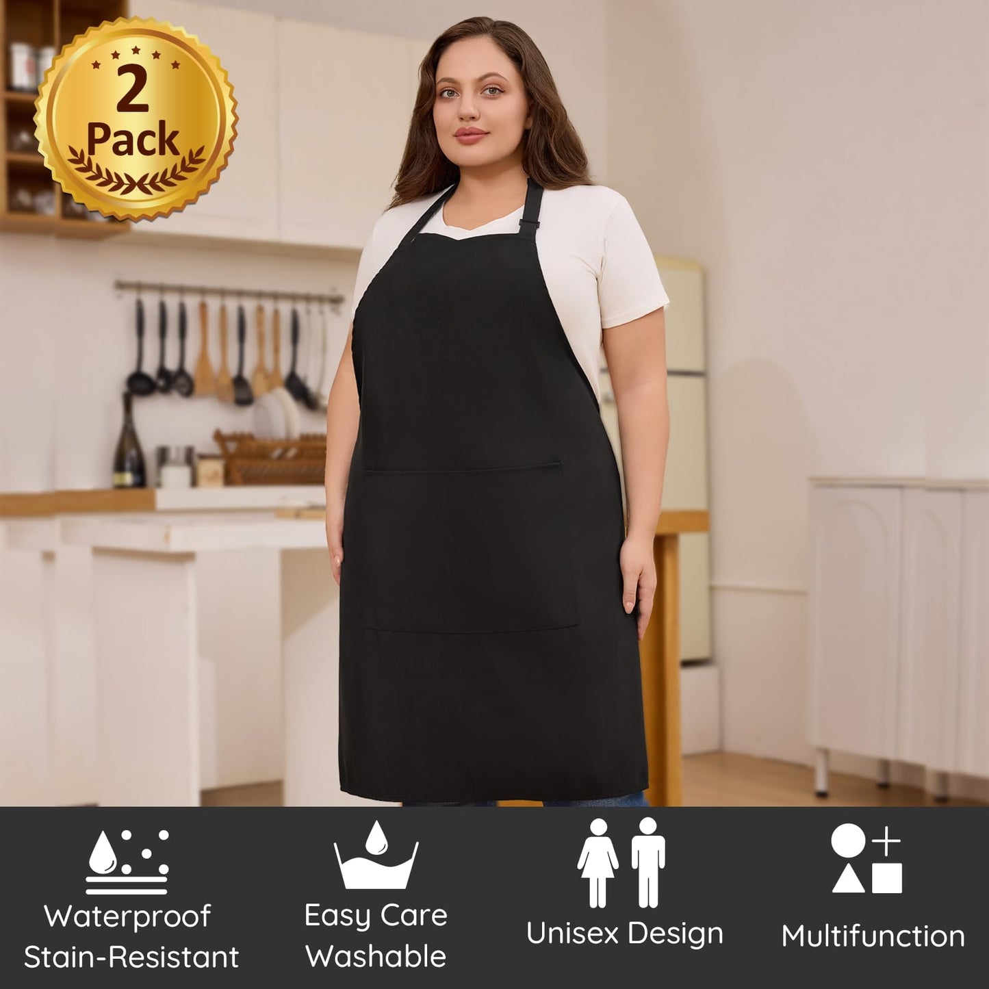 FunChaos 2 Pcs Plus Size Chef Apron, Black Apron, Unisex Aprons with 2 Pockets for Cooking, Grilling, BBQ, Work, Professional Aprons for Waiter Artist Hairdresser (Large Size)