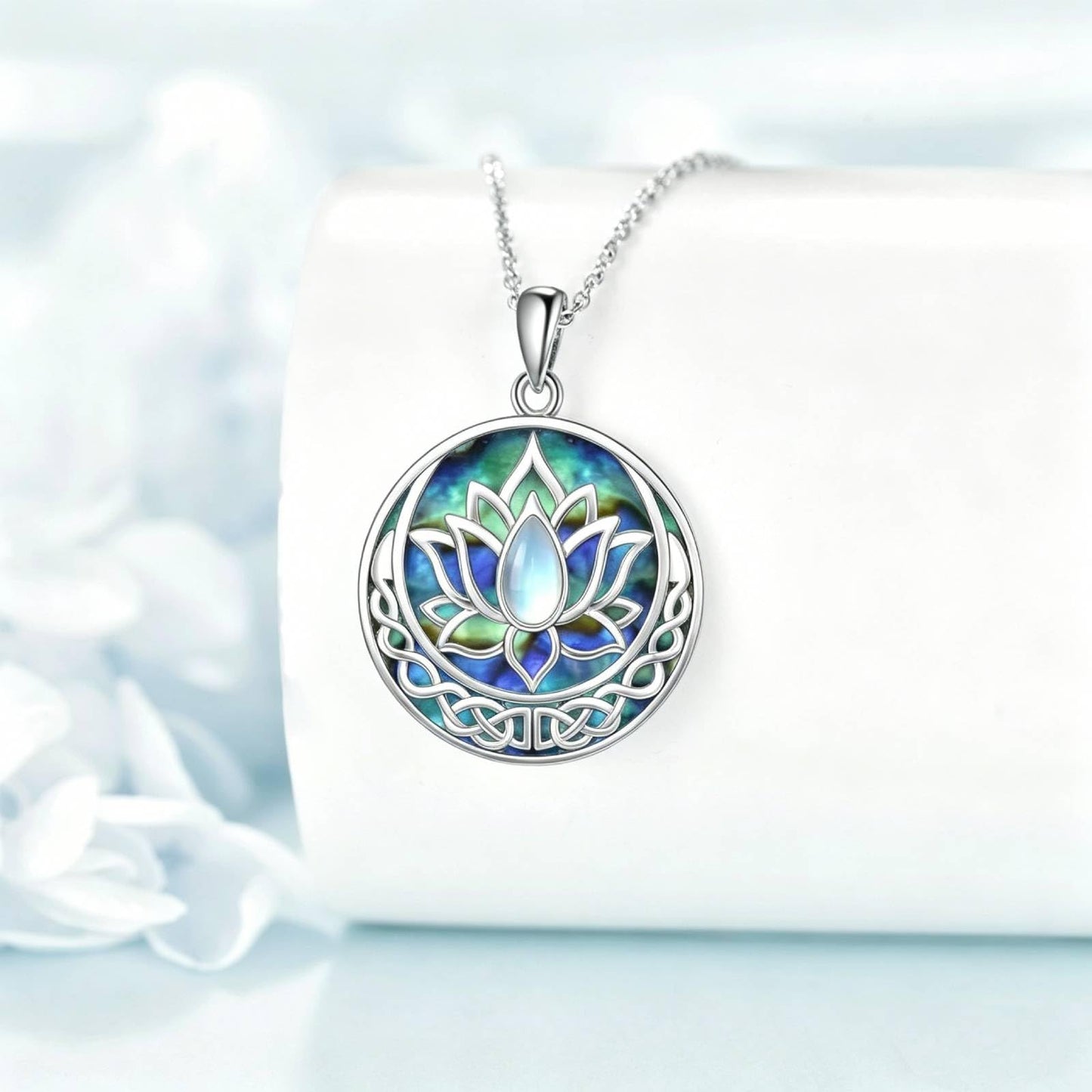 SILBAZ Lotus Necklace Moonstone Pendant Necklace Celtic Knot Pendant Yoga Lotus Jewelry for Women
