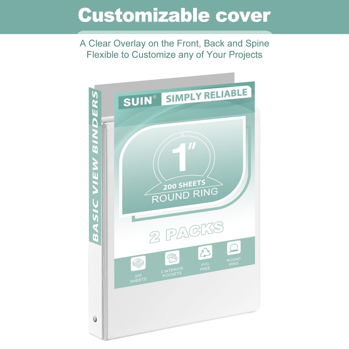 SUIN 1-Inch 3-Ring-Binder, Customizable Clear View Cover, for US Letter Size 8-1/2 x 11'', Perfect for Office/School (White - 12 Packs)