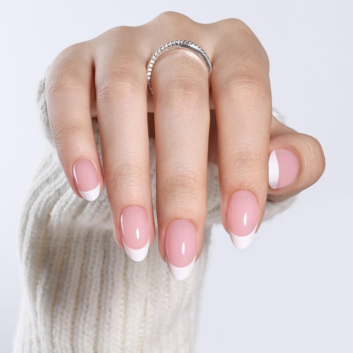 White French Tip Press On Nails - Short Almond Pink and White Press On Nails, 32Pcs 16 Sizes, Reusable Fake Nails with Nail Glue for Women