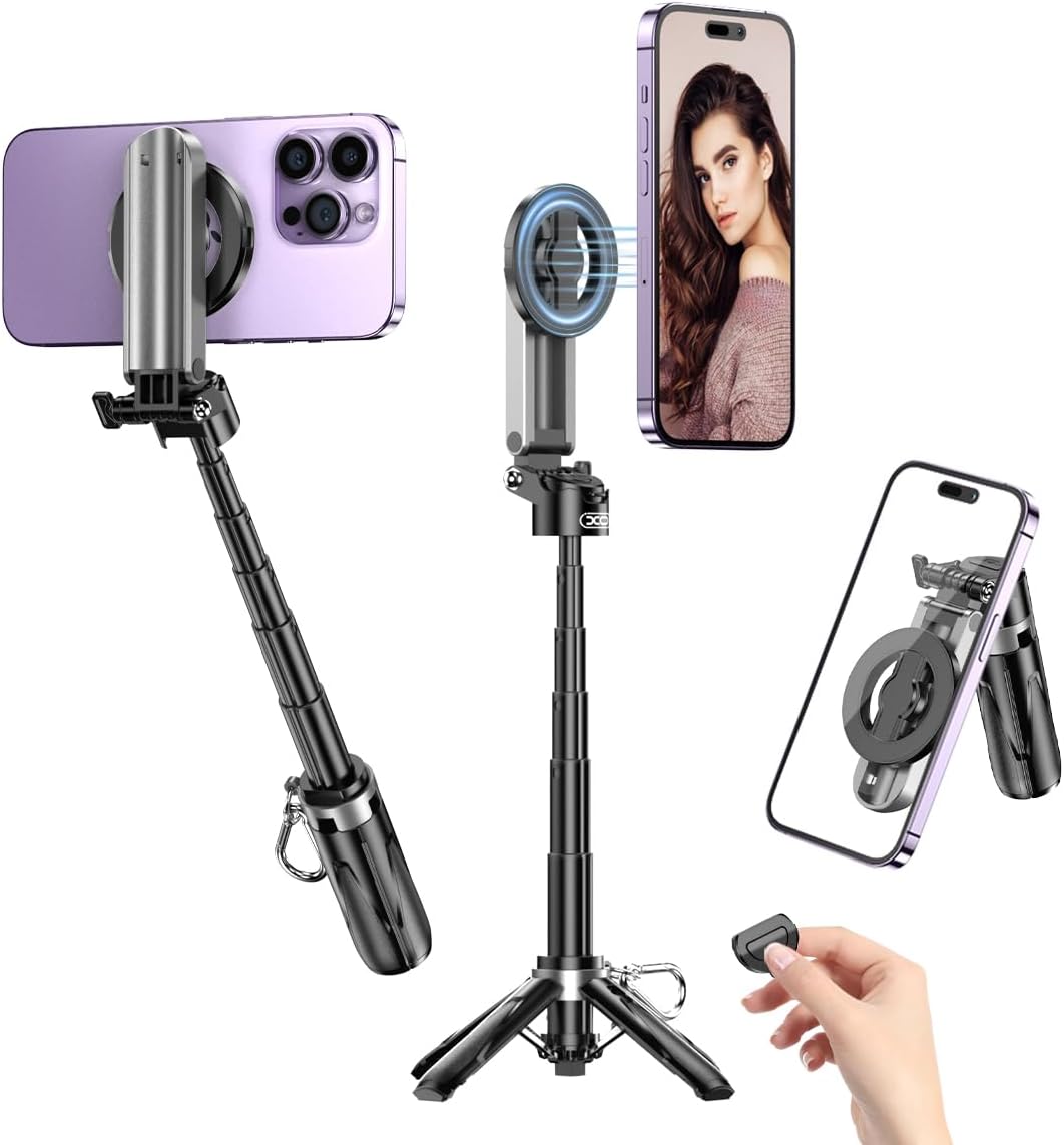 Magnetic Tripod for iPhone with Remote Control,4-in-1 Portable Selfie Stick with Extendable Stand,Phone Travel Tripod for Phone 16 15 14 13 12 Pro Max Mini