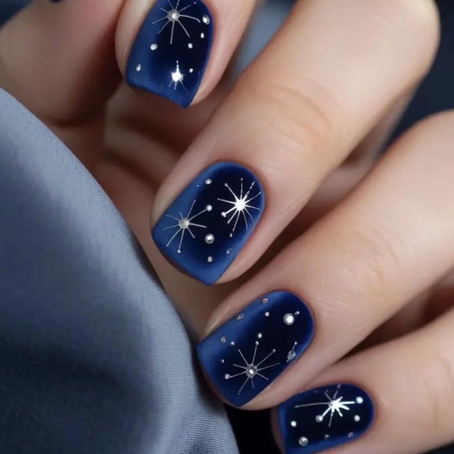 Short Square Press on Nails Deep Navy Matte Base Silver Starburst Accents Delicate Rhinestone Details Smooth Manicure Stick on NailsSuitable for Elegant Unique Stylish Artificial Nails Charming 24 pcs
