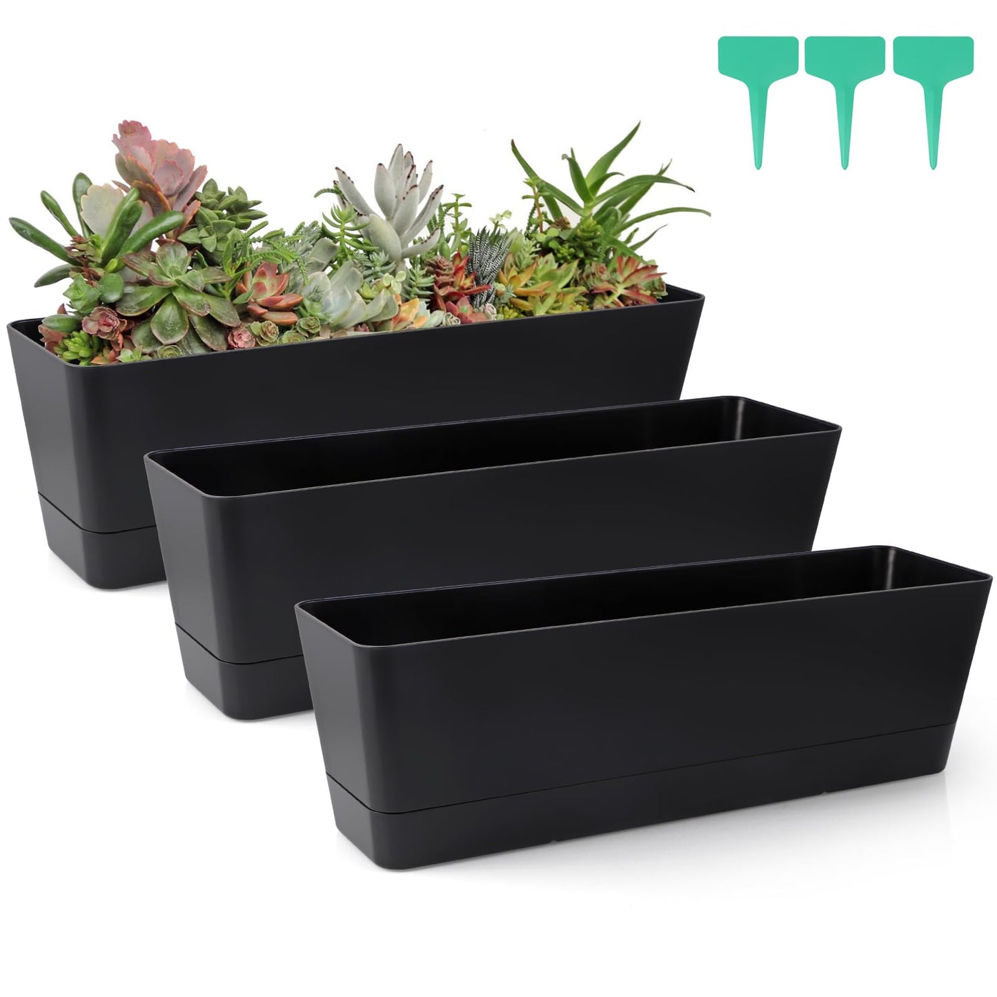 Skelang 3 Pcs Rectangular Plant Pot, 16.7" Flower Planter Box with Drainage Hole, Windowsill Container with Tray for Succulents, Cacti, Herbs, Black