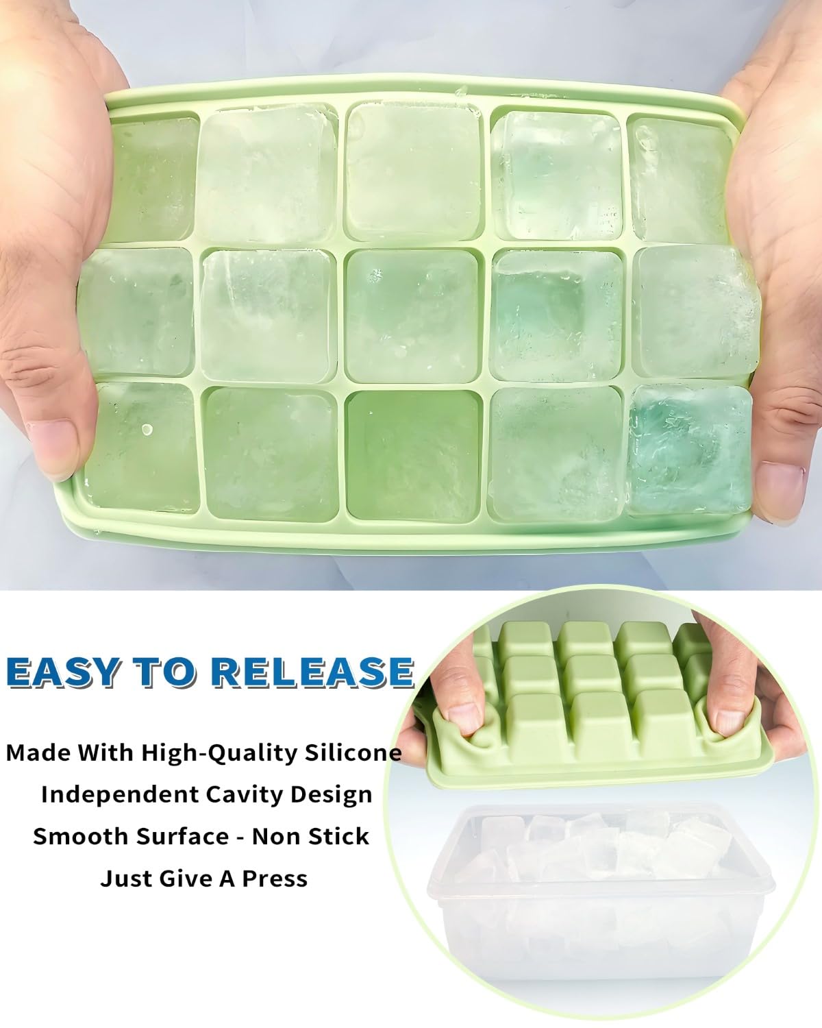 ARTLEO Silicone Ice Cube Tray with Lid and Bin, Easy Release Silicone Ice Cube Trays and Ice container for Freezer with No-Spill Lid, Nice Ice Trays for Coffee,Cocktail, Whiskey.2 Pack