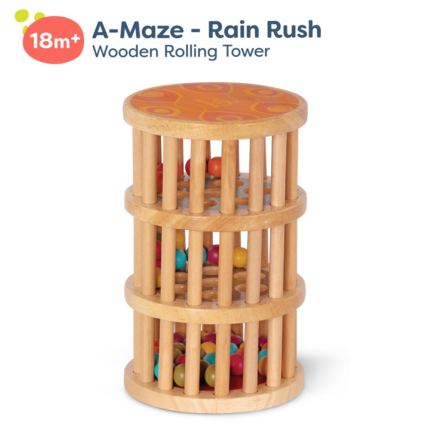 B. toys – A – Maze Rain Rush Dexterity Toy – Crawling Rolling Tower – Developmental Natural Wooden Rainmaker Toy – Toys for Toddlers
