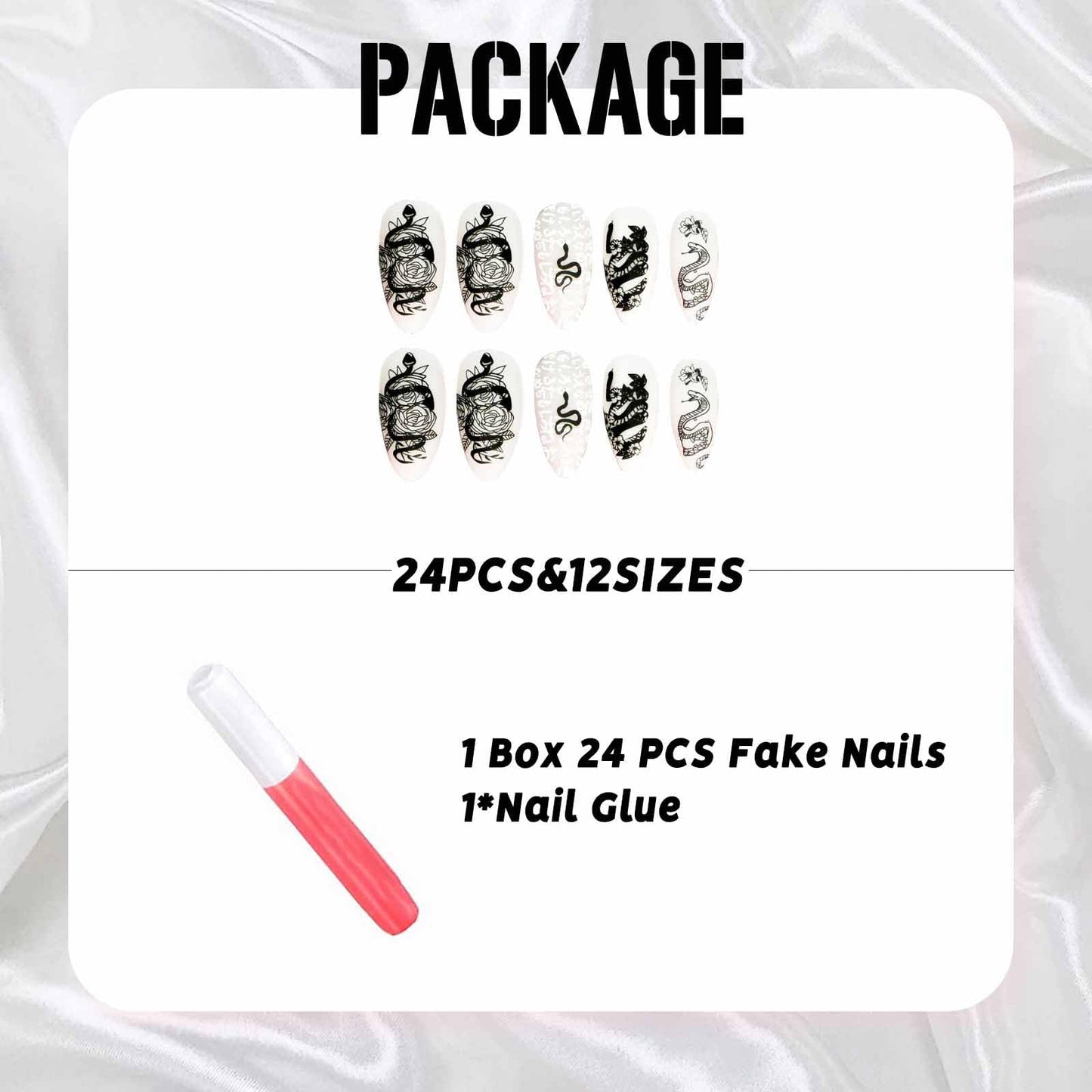 IMSOHOT Almond Press on Nails Medium Matte Nude Fake Nails Full Cover Acrylic False Nails with Black Rose Snake Designs Glue on Nails 24pcs