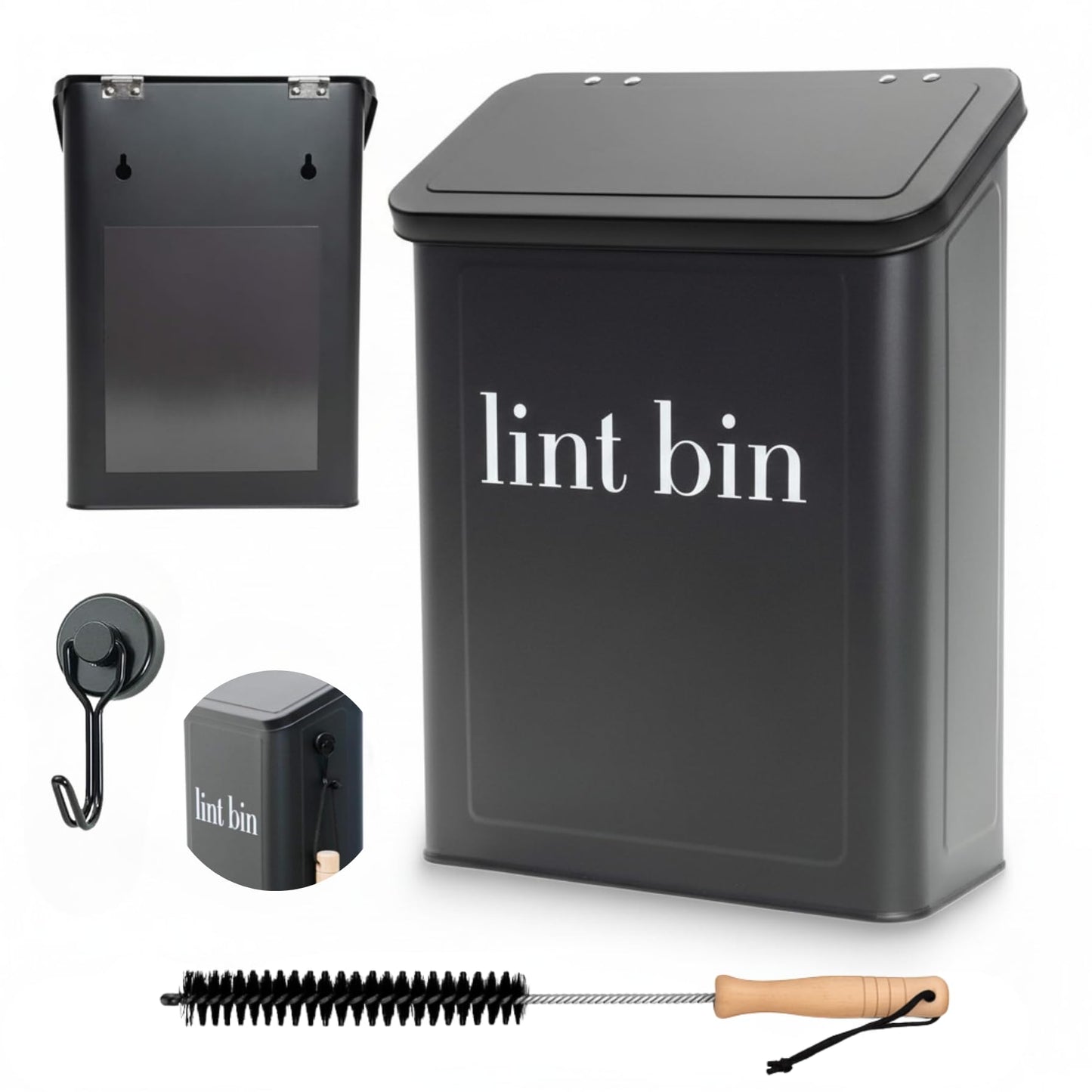 The Moda Collection Magnetic Laundry Lint Bin for Dryer | Wall-Mounted Small Trash Can for Laundry Room | Includes Magnetic Hook & Lint Brush | Space-Saving Magnetic Laundry Trash Can | Matte Black
