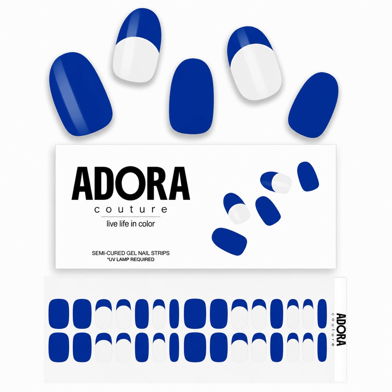 Adora Couture Semi Cured Gel Nail Strips with 30 Pieces - UV Gel Stickers, Manicure Kit, Easy Application Wraps Includes Prep Pads, Nail File, Wooden Stick - UV Light Required (Cobalt)