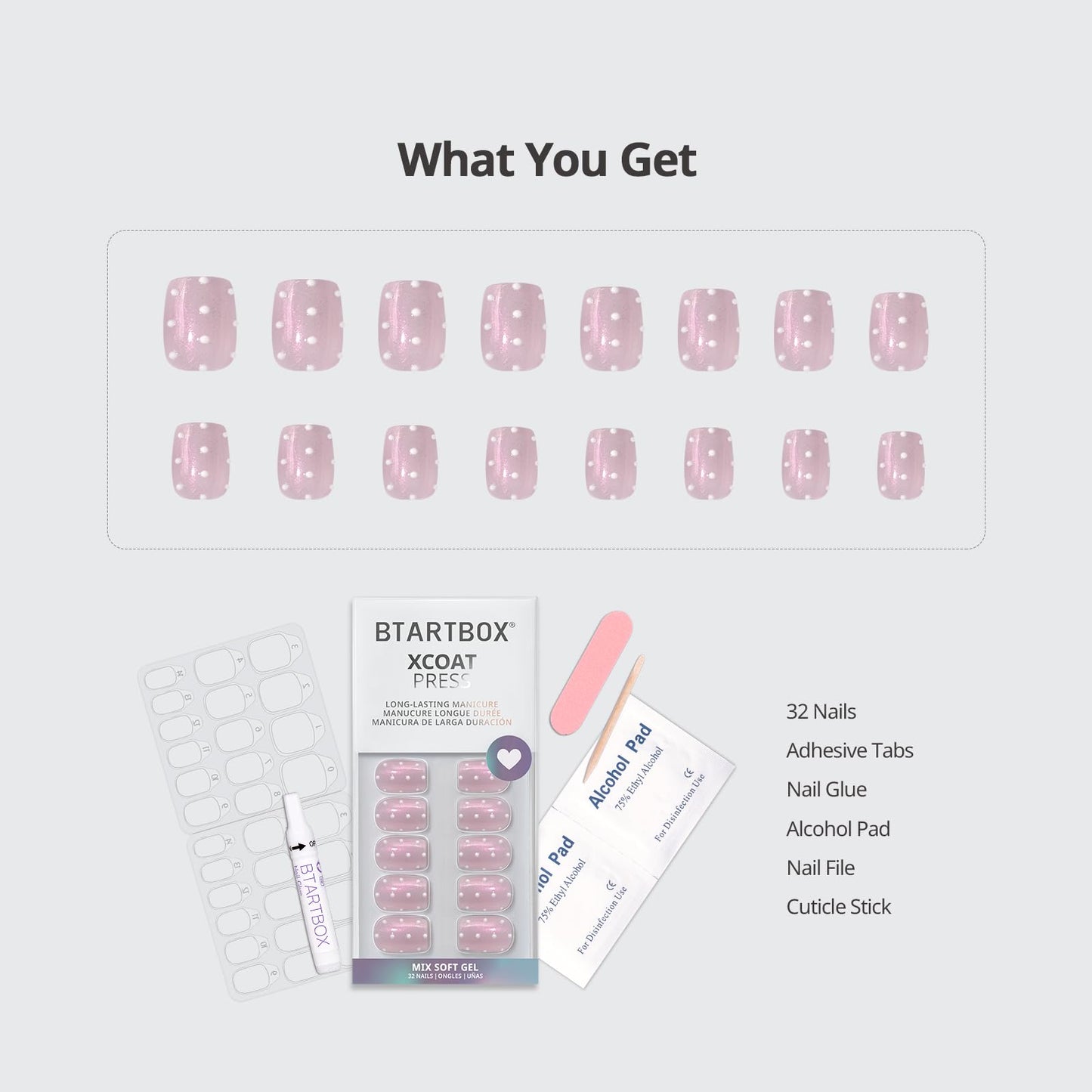 BTArtbox Press On Nails Short - Sugar Pop, Lamp-Curable Polka Dot Glitter Square Press On Nails with Glue and Adhesive Tabs for Women in 16 Sizes - 32 Soft Gel Glue On Nails Kit