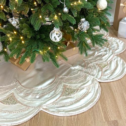 72-Inch Beaded Scalloped Christmas Tree Skirt in Foam-Lined Satin, Button-Loop Closures, Pearl White