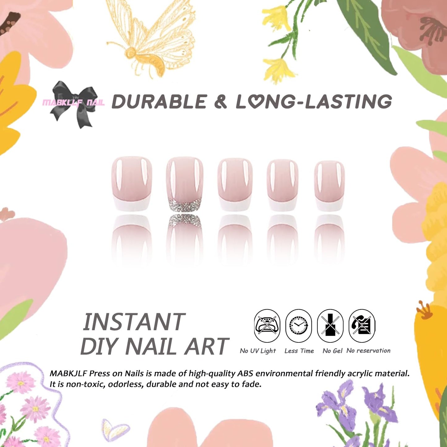 French Tip Glitter Short Square Fake Nails - Pink & White Glossy Design, Sparkly False Nails Glue On with Full Cover Acrylic Stick On Nails - 24 Pcs