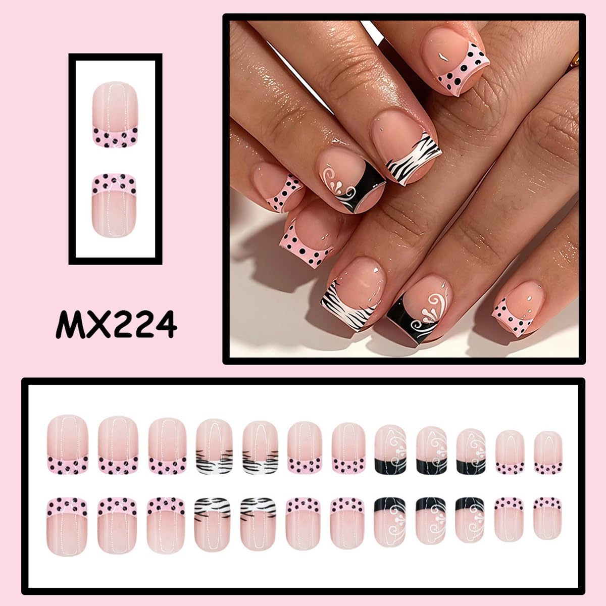 Short Square Press on Nails French Tip Fake Nails with Zebra Print Design Black Polka Dot False Nails Press ons Nude Base Acrylic Glue on Nails for Women Manicure 24Pcs